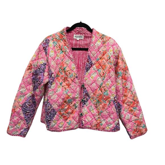 Beau & Ro Quilted Patchwork Jacket Pink Floral Cotton Blend Button Front XL - Picture 2 of 12